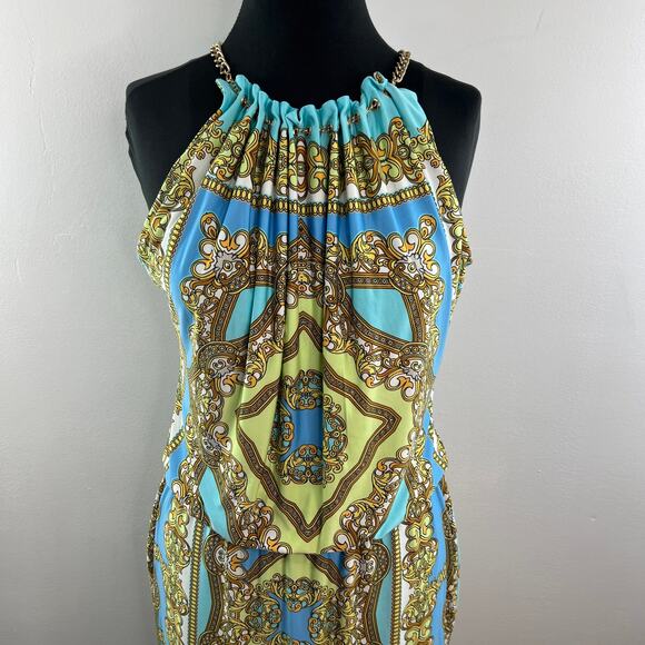 CACHE Womens Baroque Chain Halter Dress Blue Yellow Sleeveless Stretch Size M - Picture 3 of 10